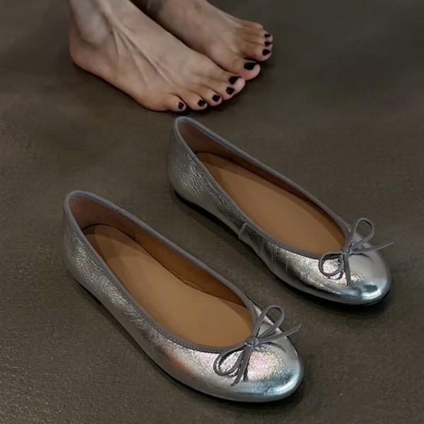 Cowhide model~ leather round head bow flat-bottomed French retro ballet shoes women's one-pedal commuter single shoes ladyshoes