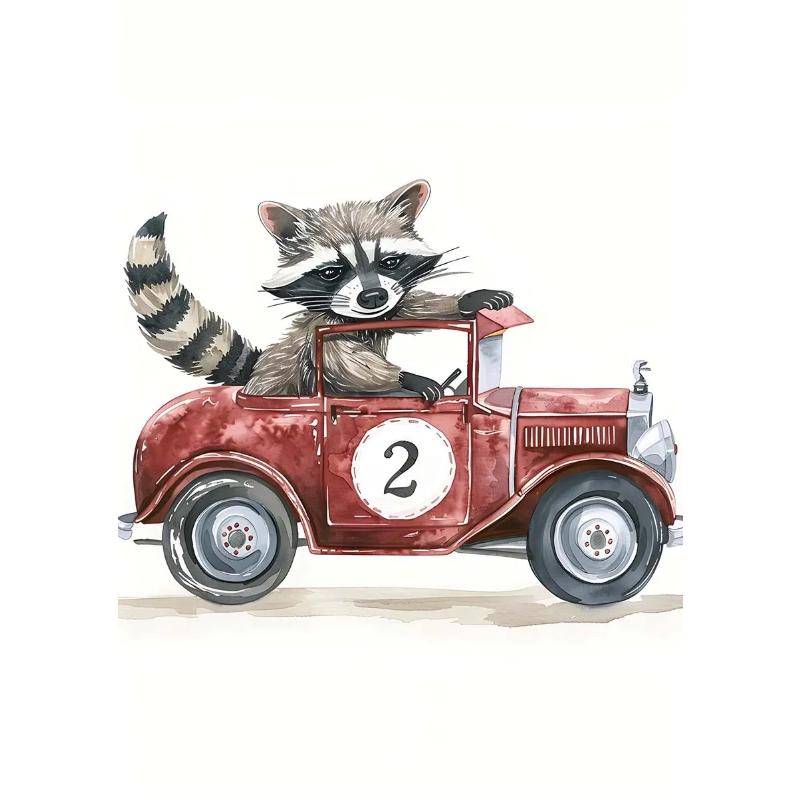 Watercolor Raccoon Rabbit Bear Animal Car Nursery Wall Art Canvas Painting Nordic Posters Prints Wall Pictures Kids Room Decor