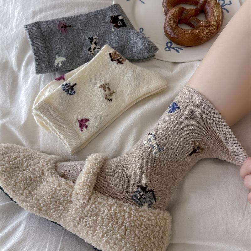 Puppy Cute Kids Grey Cartoon Animal Mid Socks Thickened Wool Socks Warm Pile Socks