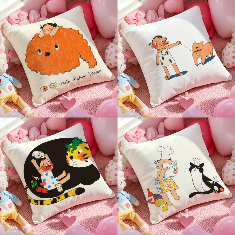 Illustrations Of Everyday Life Cushion Cover Anti-dustmite Pillowcase Invisible Zipper Silky Short Plush Sofa Cushion Cover