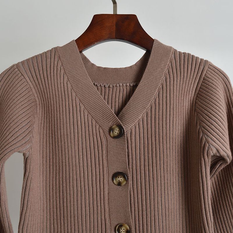 French Pure Color New Arrival Sunken Stripe V-neck Lantern Sleeve Knitting Sweater Cardigan Female Slim Fit Slimming Long Sleeves Coat Top