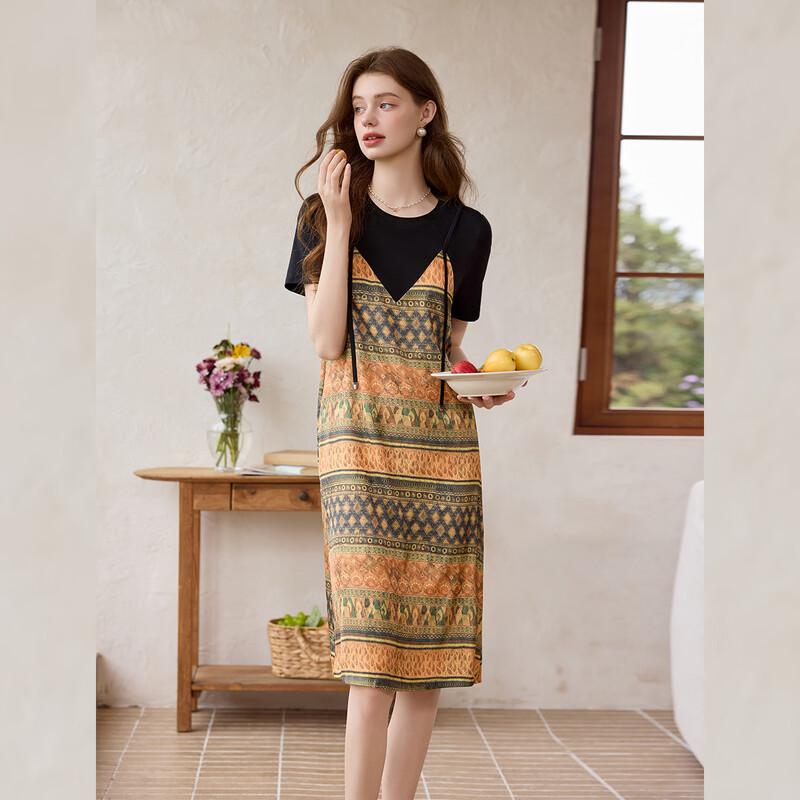 Women s Printed Faux Two-Piece Round Neck Dress XL