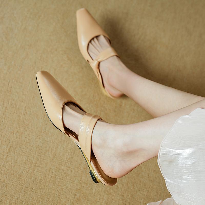 Fashion 2025 NEW Summer Women Mules Genuine Leather Women Shoes Square Toe Chunky Heel Cover Toe Slingback Sandals Modern Slippers