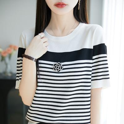 Summer Ice Silk Knitted Short-sleeved T-shirt Round-neck Camellia Top Loose Half-sleeved Base Shirt