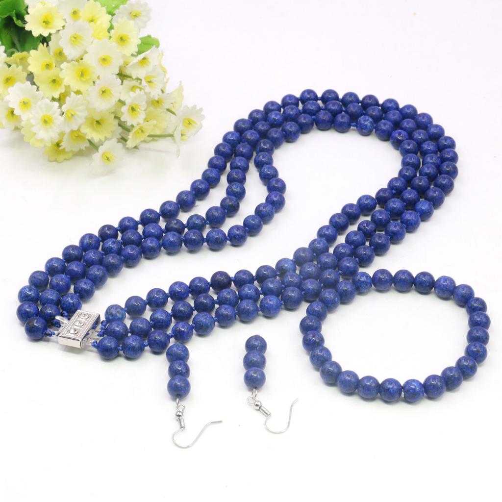 3 Reihen 8mm Lapislazuli Halskette Armband Ohrring Sets DIY Schmucksets Modeschmuck Herstellung Design Geschenke für Mädchen Frauen xu65