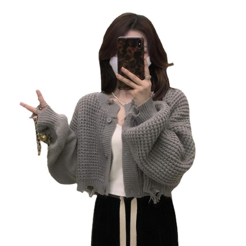 Women's Gray Knit Cardigan – Loose Design for Spring and Autumn, Long Sleeve Top