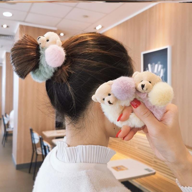 Plush Bear Hair Ropes Furry Ball Hair Scrunchies Cute Cartoon Hair Bands Durable Cute Lovely Elastic Hair Bands