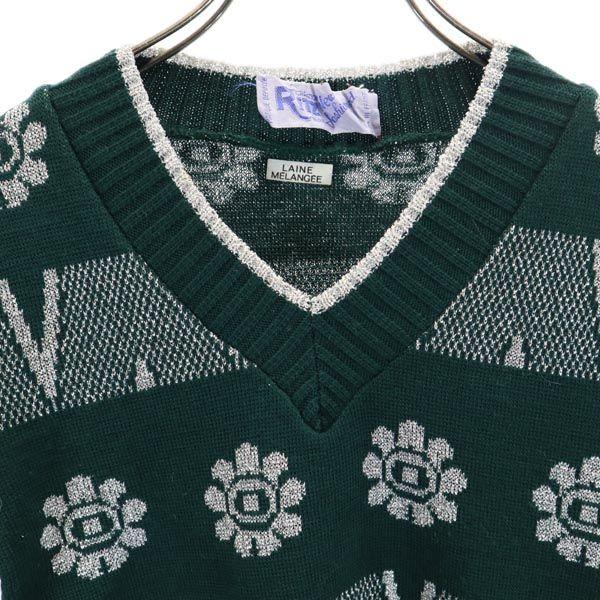 VINTAGE 80s Made in France Overall handle Long sleeve V-Net knit sweater Women Used