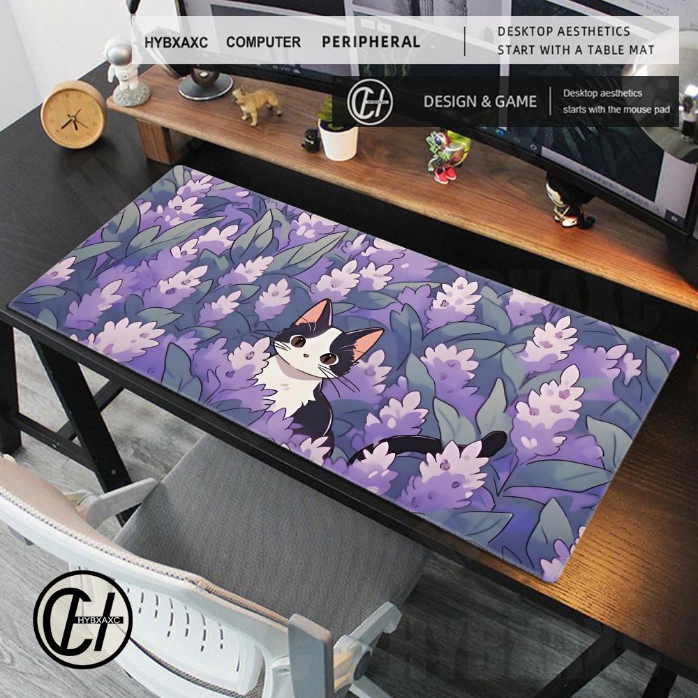 Hybxaxc Purple Flowers Cartoon Mouse Pad White Cat Gaming Mousepad Computer Gamer Accessories Keyboard Rug Kawaii Anime Desk Mat