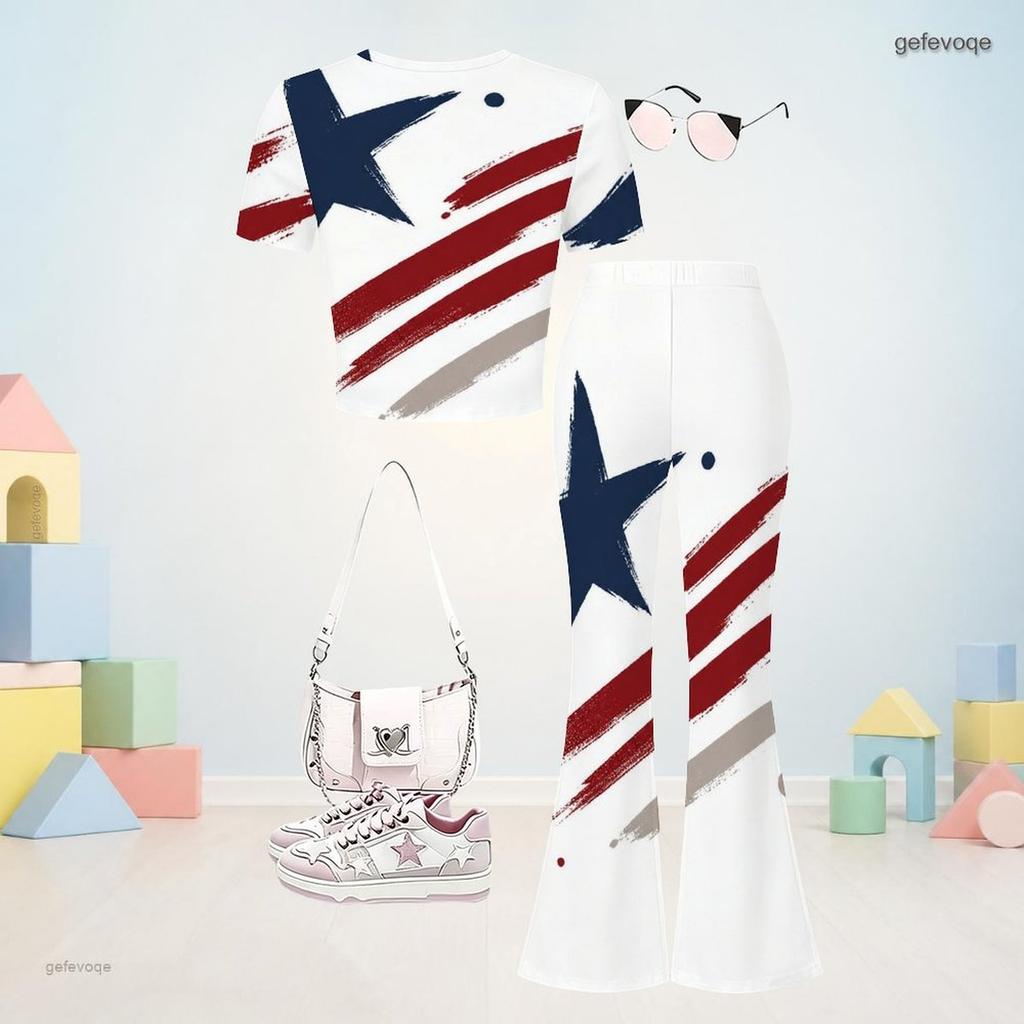 Girls Round Neck Short Sleeve Printed Top And Flared Pants Two Piece Set