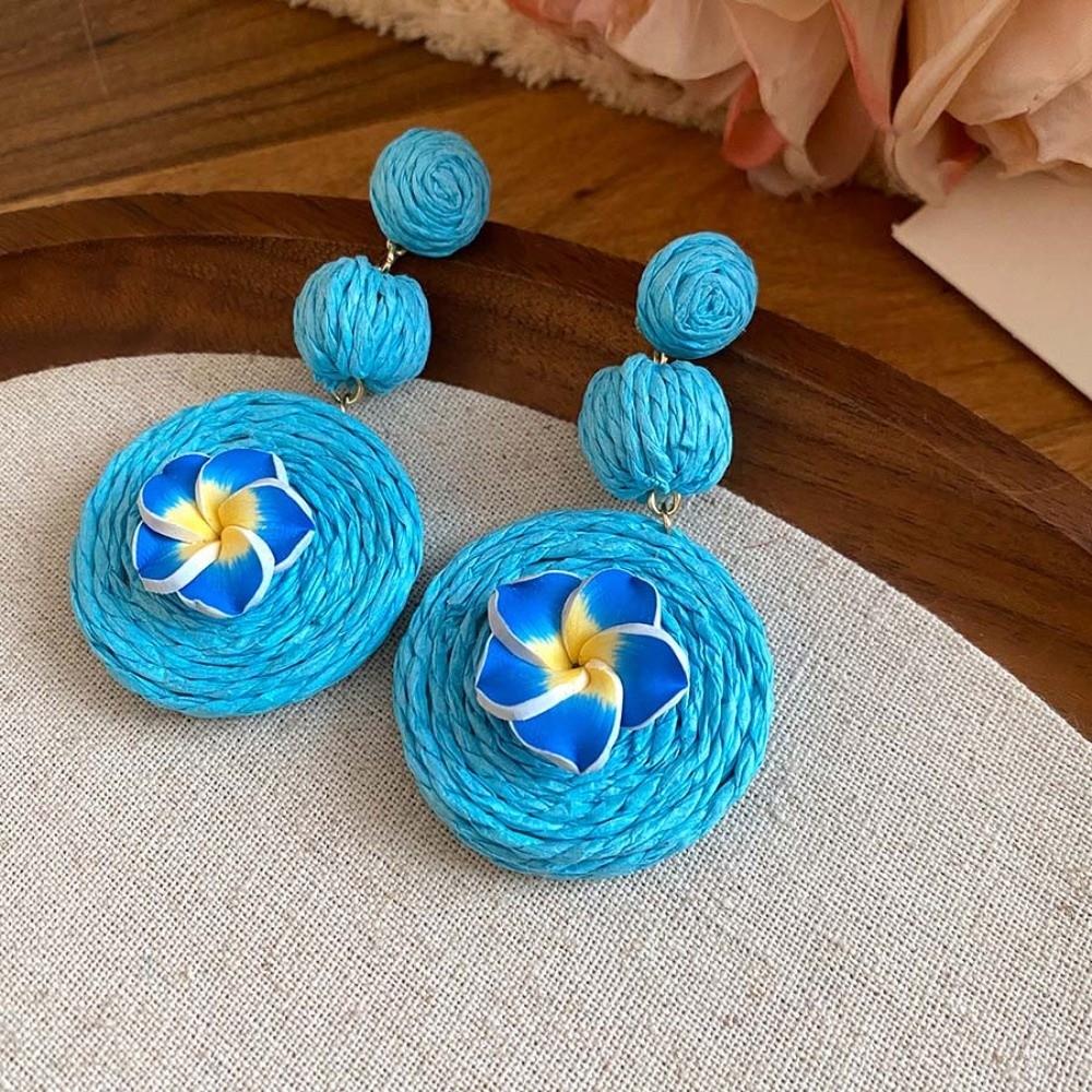 1 pair Ethnic Style Egg Flower Earrings Bohemian Style Raffia Grass Earrings  Women
