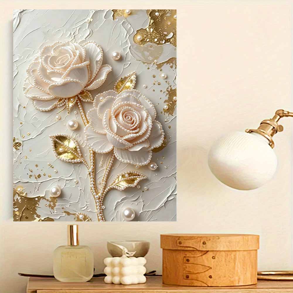 30x40cm White Rose Pearl Painting Kit Frameless DIY Pearl Diamond Art for Adults & Beginners Handmade Gem Art Home Wall Decor & Gift Idea