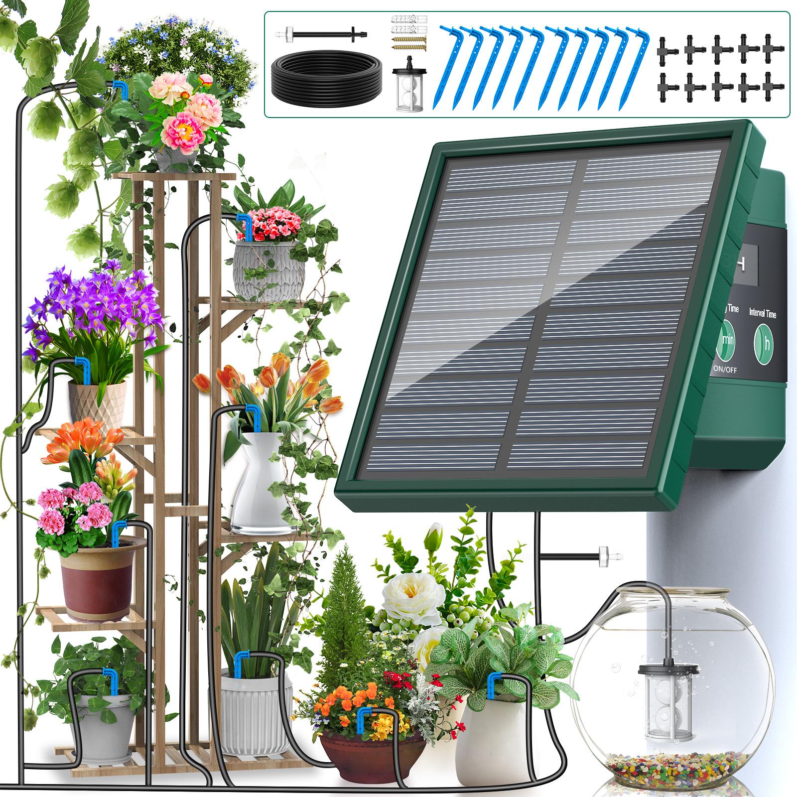 Solar Irrigation System, Automatic Watering System with 10M Hose and 10 Drip Tips for In/Outdoor, DIY Garden Balcony Terrace Etc