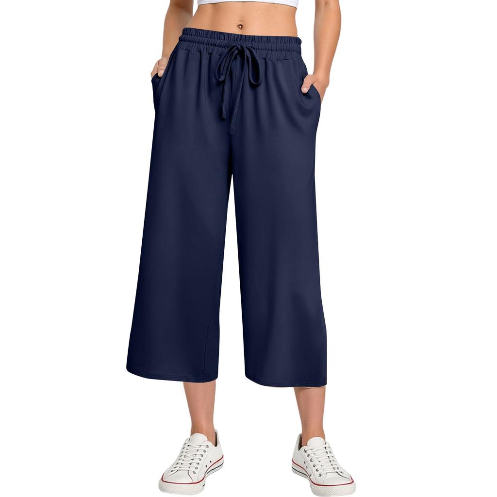 Pantaloni da donna a vita alta con nodo regolabile, fluidi in cotone e lino, gamba larga