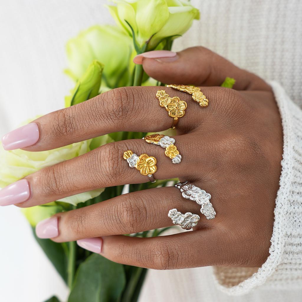 Stainless Steel Flower Rings for Women Men Vintage Five Petal Flower Opening Ring Summer Vacation Waterproof Jewelry Accessories