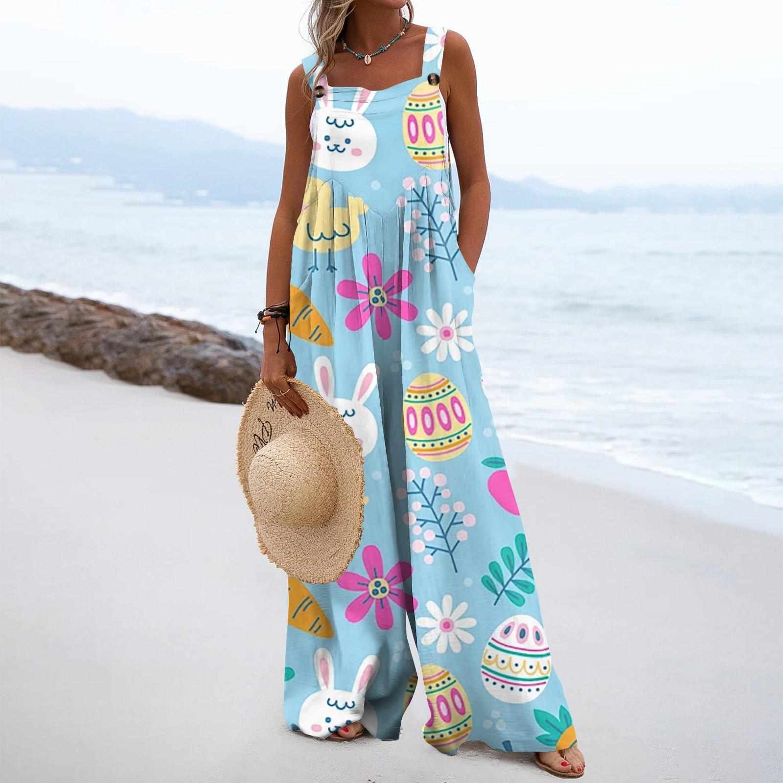 

Широкие комбинезоны для женщин, повседневные свободные комбинезоны без рукавов, ко Дню святого Валентина, с принтом на пуговицах, длинные брюки, комбинезон с карманами M