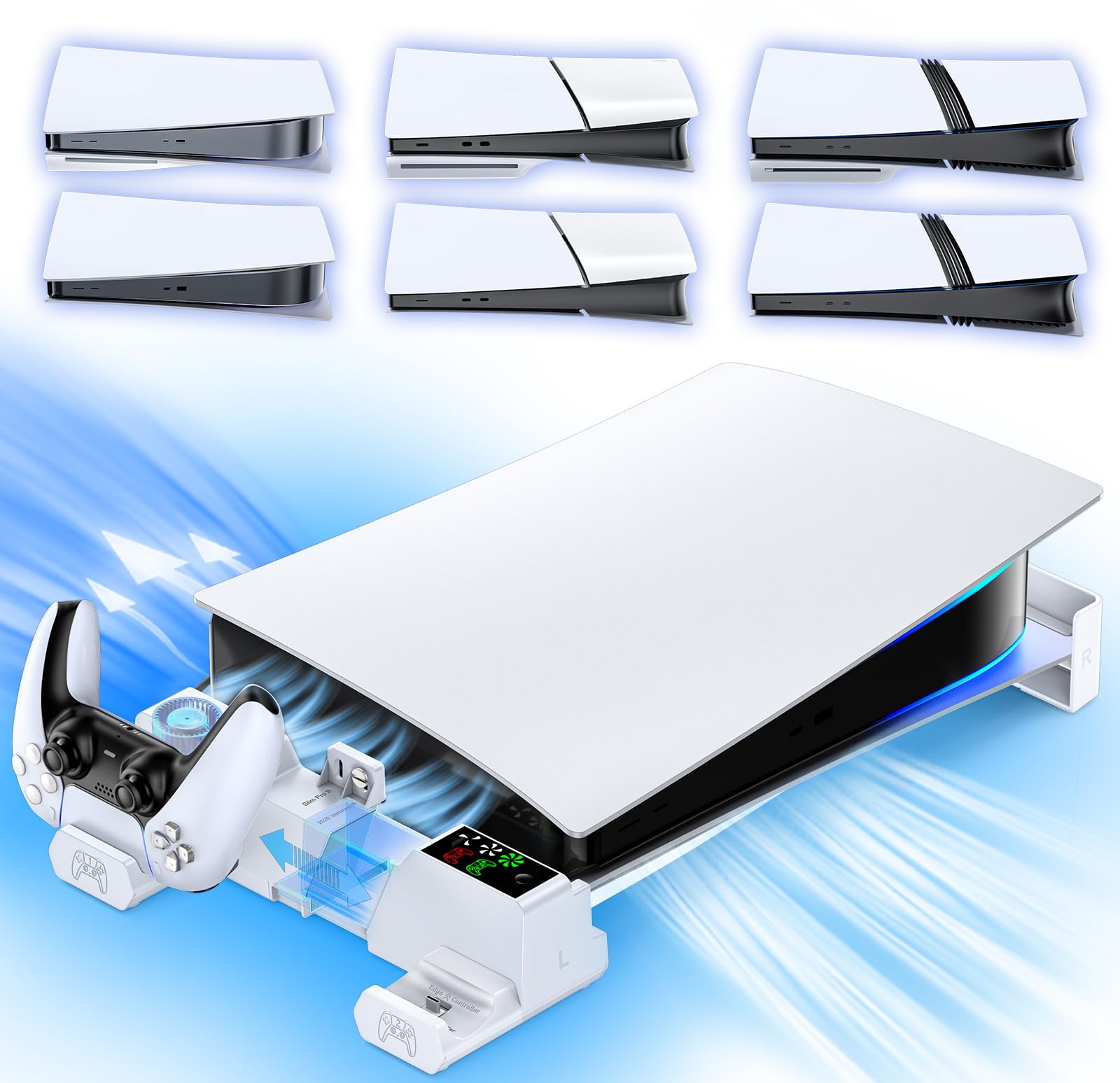 

PS5 Horizontal Cooling Stand with Cooling PS5 Controller Improved Heat Easy Compatible with Pro Standard and Digital Earthquake New PlayStation 5 Slim білий