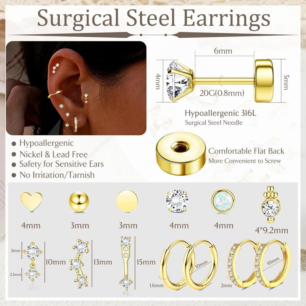 Bobisty Flat Back Stud Earrings for Women Trendy Surgical Steel Earrings 14K Gold Plated Cartilage Earring Set Stacks Piercing
