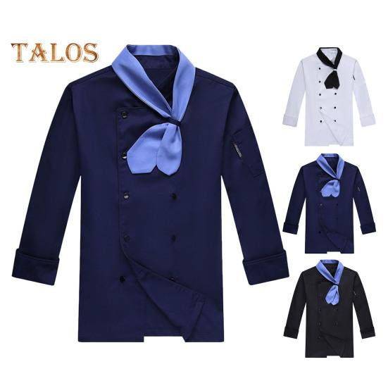 Kochuniform mit Schal und Krawatte, zweireihig, mit Knöpfen, Stehkragen, lange Ärmel, Damen und Herren, Kochhemd, Arbeitskleidung