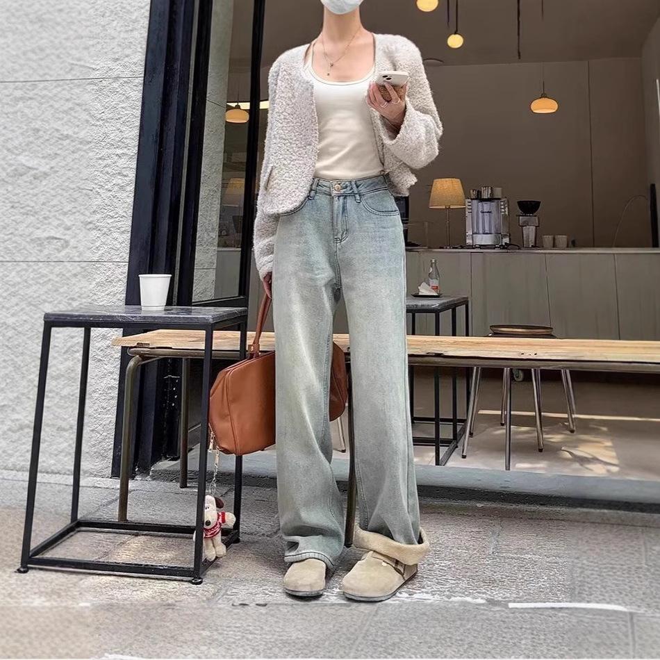Women's High-Waist Yellow Mud Wide-Leg Jeans - Retro, Warm, Plus Velvet, Loose Fit for Autumn/Winter