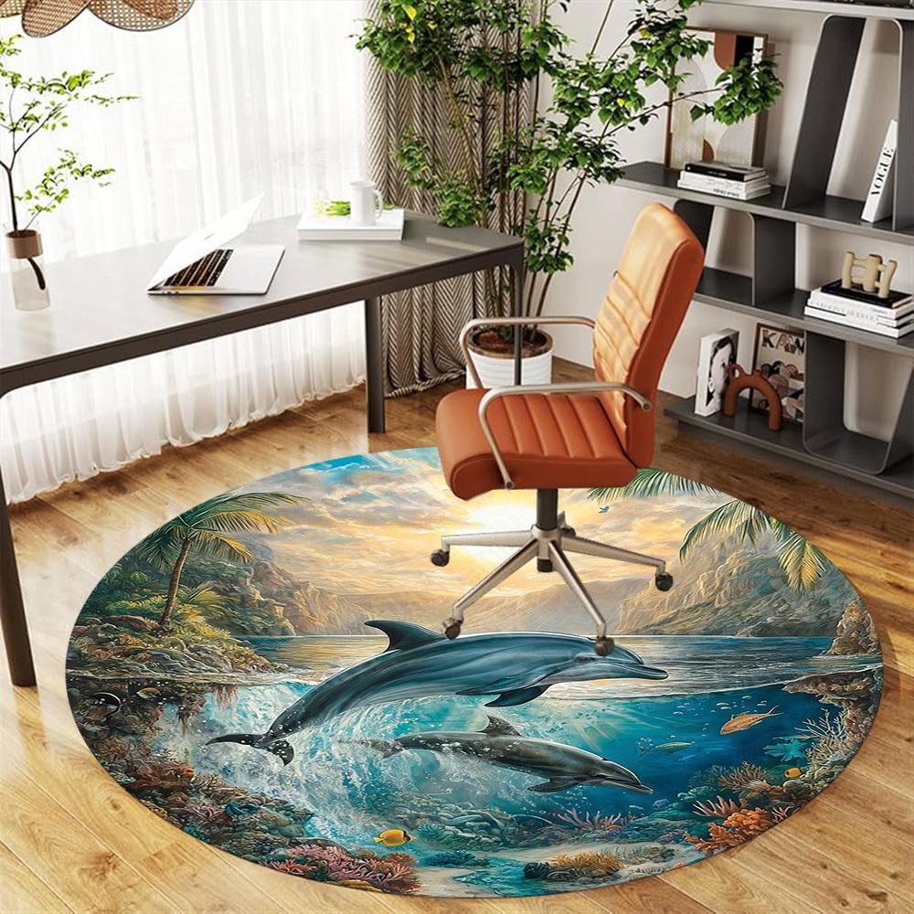 1PC dolphins ocean Office Round Area Rug, Under Office Chairs Bedroom Living Room Home Decor,Carpet for Office, -1110229