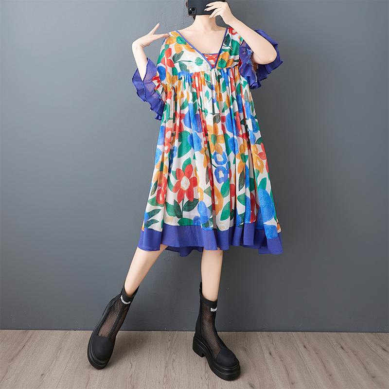 

Short sleeve Plus size Chiffon vintage floral new in dresses for women casual loose midi summer dress