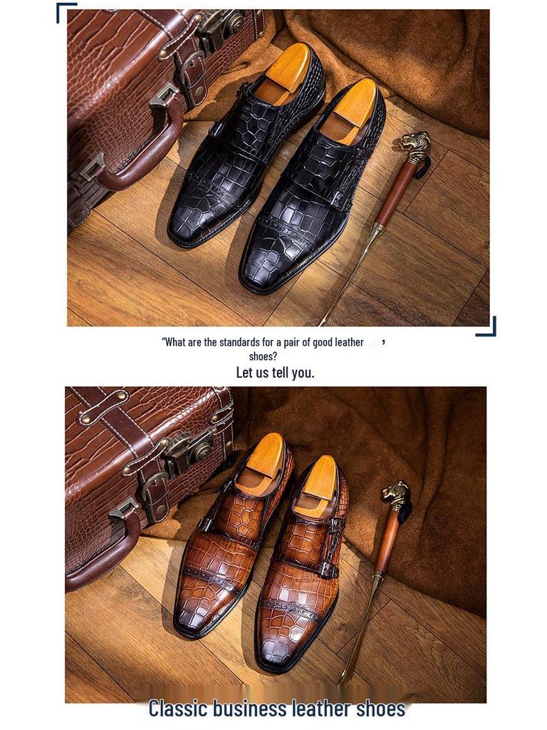 Men's Genuine Leather Slip-On Monk Shoes - Square Toe Business Casual