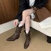 Fairy wind square head thick heel boots female 2025 autumn and winter new pleated pile boots western cowboy boots medium boots