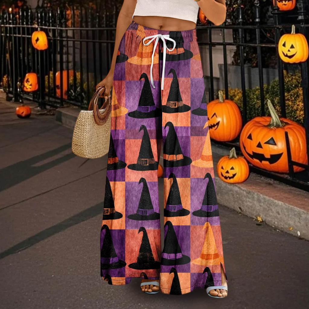 Women's Casual Wide Leg Pants Stretch Belt Pocket  Print Adjustable Tie Pants