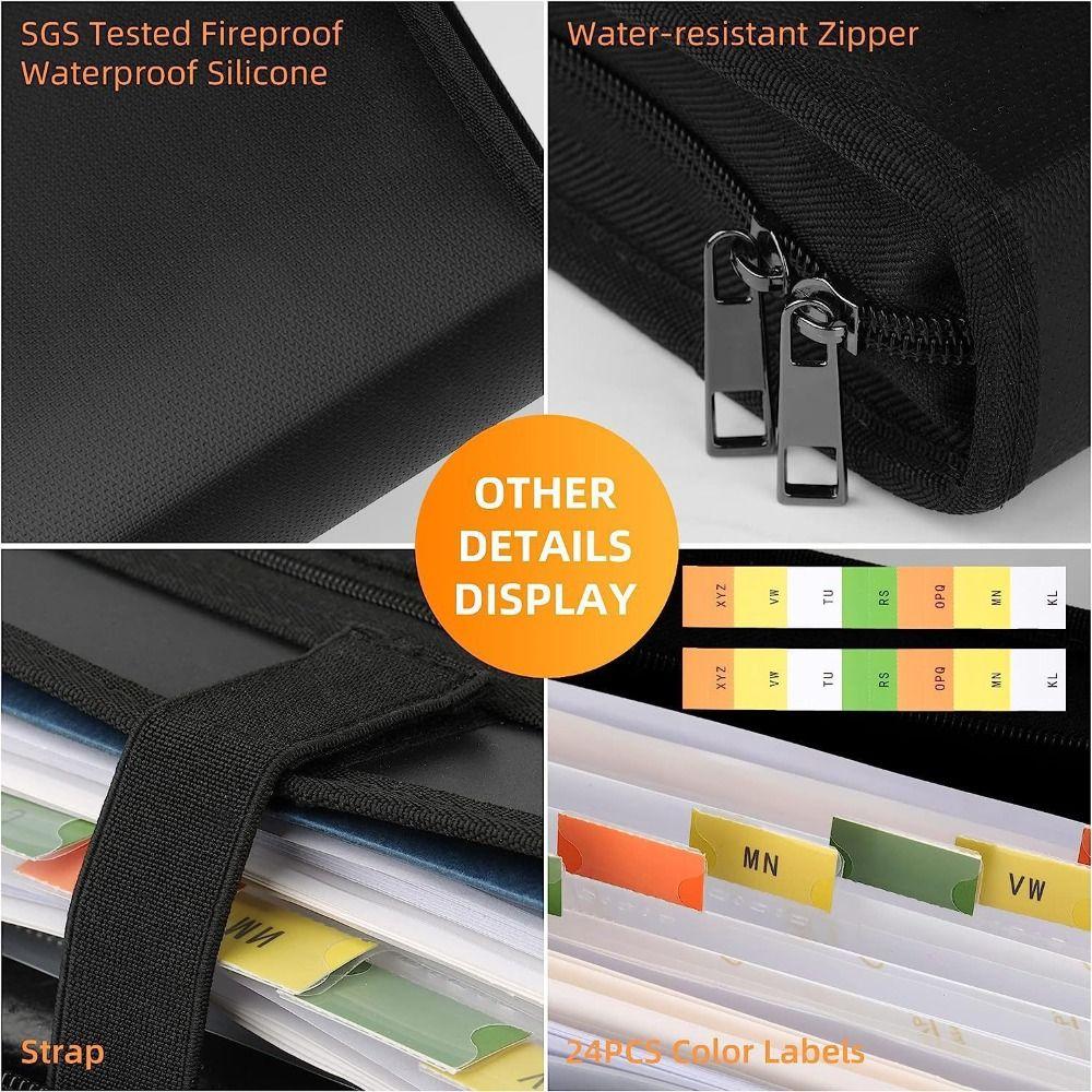 Fireproof Expanding File Folder with Zipper & Labels Document Bag  for Letter A4 Files
