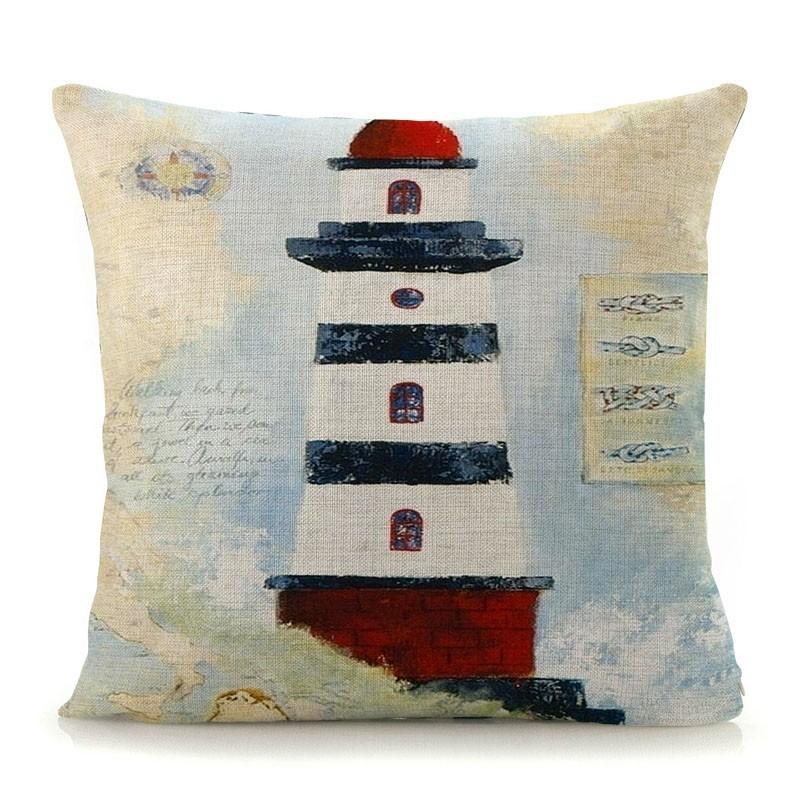 Mediterranean Lighthouse Ocean Sailing Print Home Decorative Cushion Cover Cotton Linen Pillow Case For Sofa Bed Chair 45X45Cm