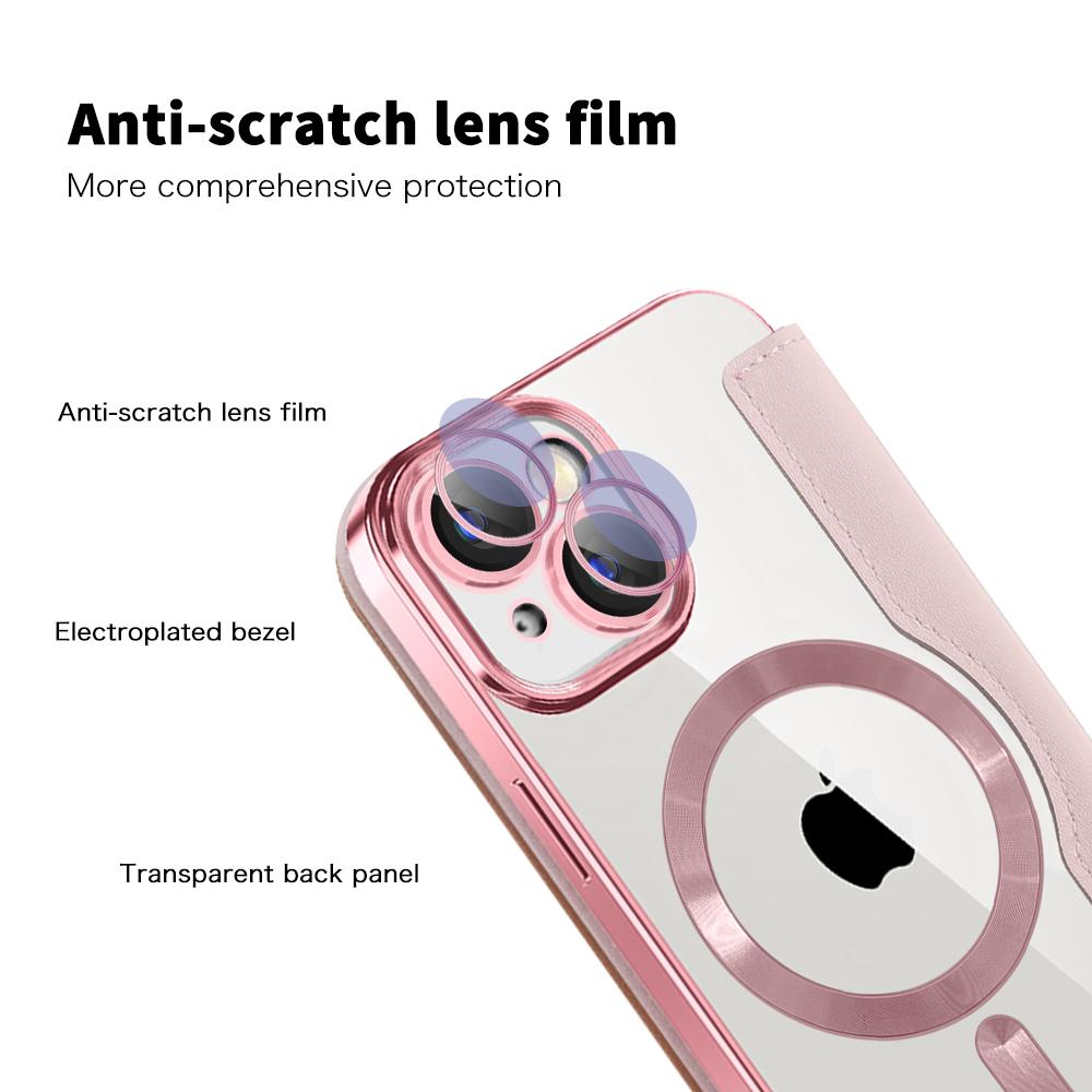 For iPhone 15 Plus Built-in Lens Film Phone Case RFID Blocking Card Slots Leather Cover Compatible with MagSafe