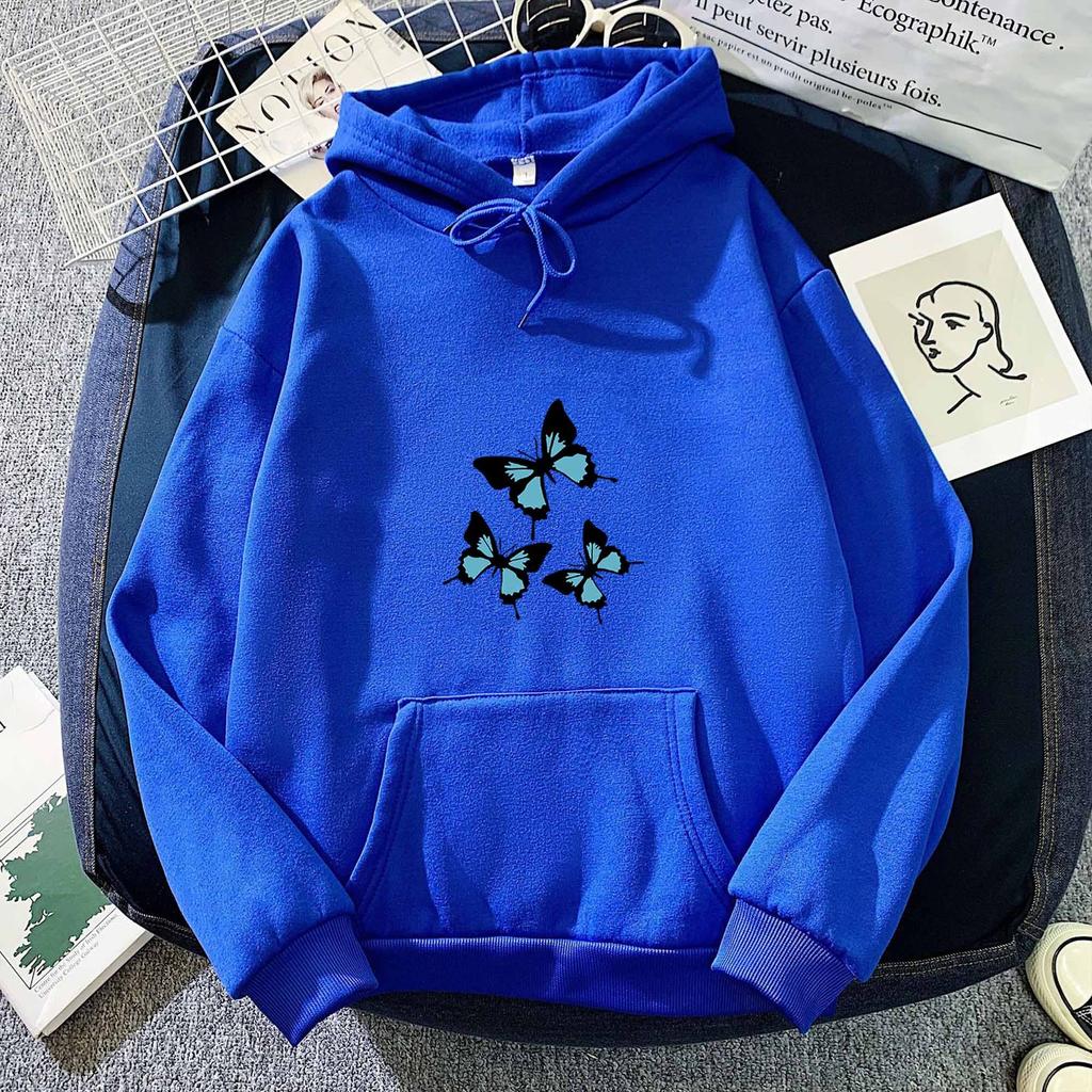 Autumn and Winter Black and Blue Butterfly Print Hoodie Sweatshirt for Men and Women Couples Korean Style Trendy Tops