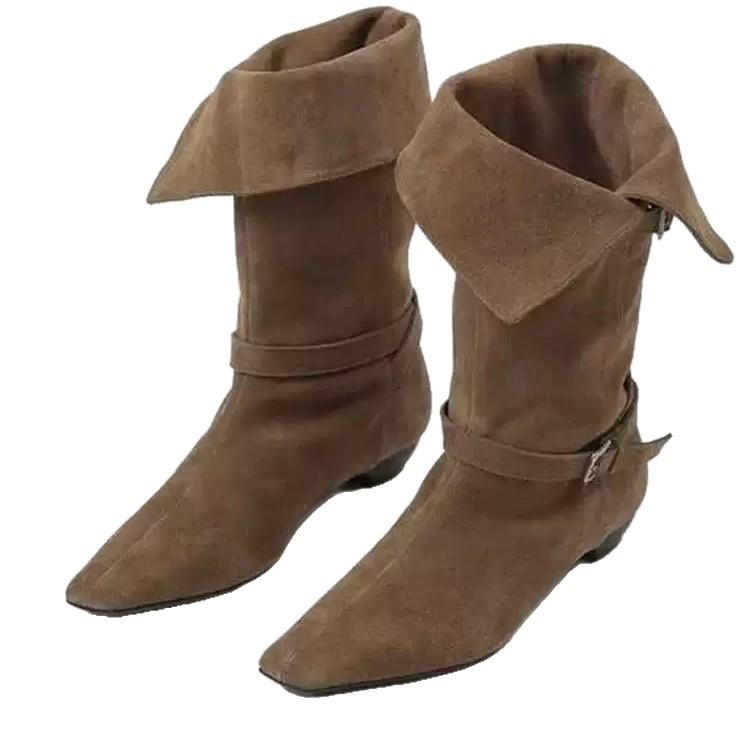 Rindslederversion~ Europäische und amerikanische Retro-Nischen-Gürtelschnalle quadratischer Kopf dicker Absatz gefaltete mittelhohe Stiefel Damen 2025 neue Reiterstiefel