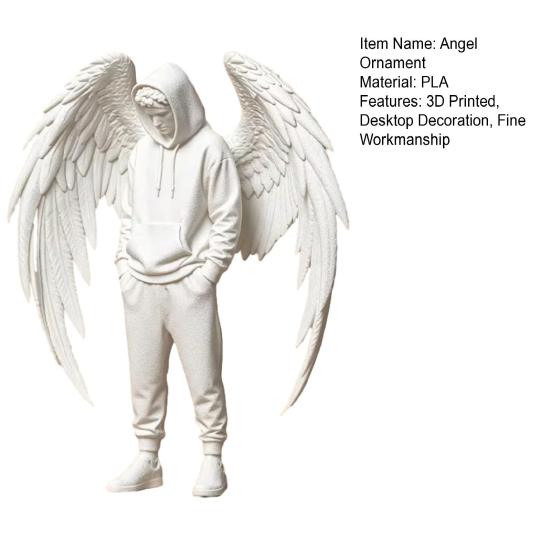 PLA Angel Decor 3D Printed Figurine, Winged Man Decorative Statue, Hoodies Desk Decoration Boys Sculpture for Home Office Shelf