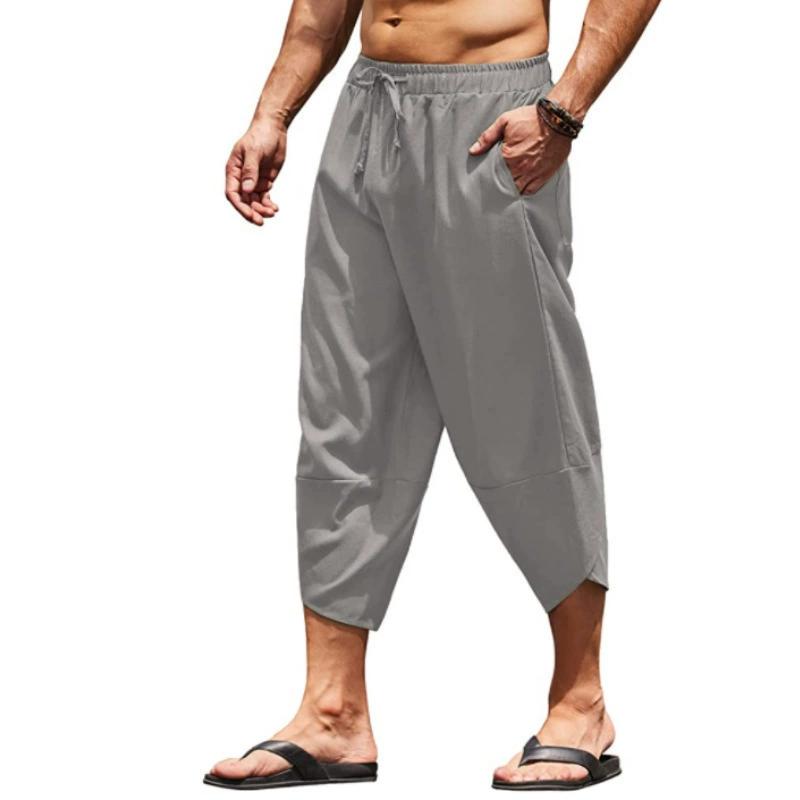 Men's Cotton and Linen Solid Color Loose Drawstring Seven Quarter Pants Casual Shorts