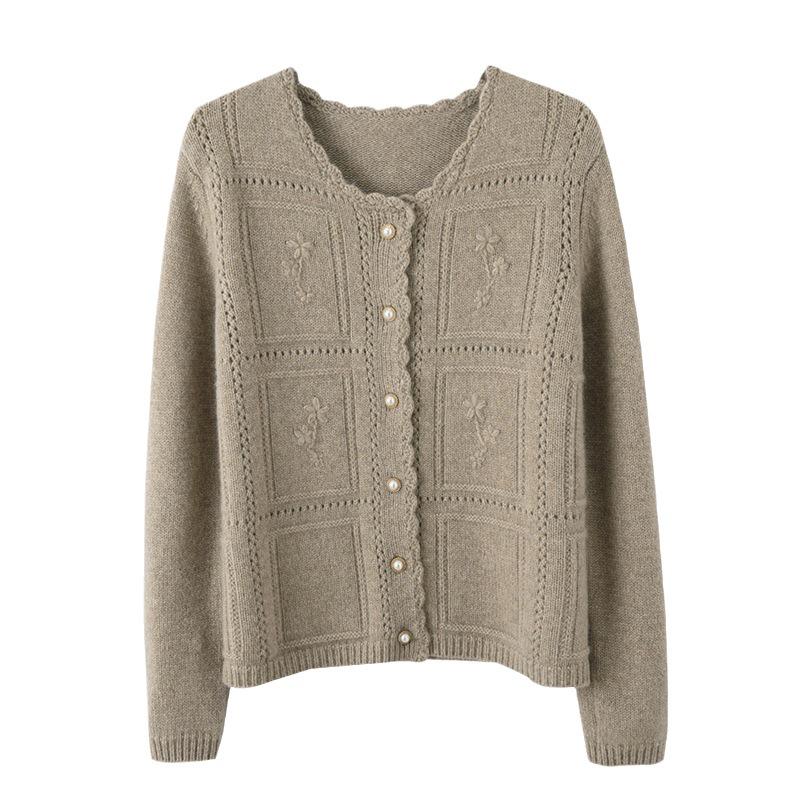 2023 Women's Pure Wool Round Neck Hollow Out Jacquard Knit Cardigan - 100% Cashmere, Loose Fit