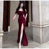 Temperament Celebrity Banquet Dress One-word Shoulder Dress Temperament Split Fork Waist Hips Fish Tail Dress