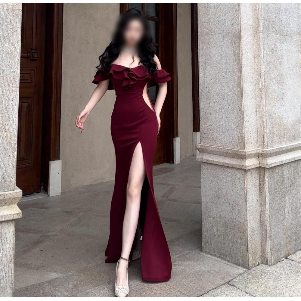 Temperament Celebrity Banquet Dress One-word Shoulder Dress Temperament Split Fork Waist Hips Fish Tail Dress