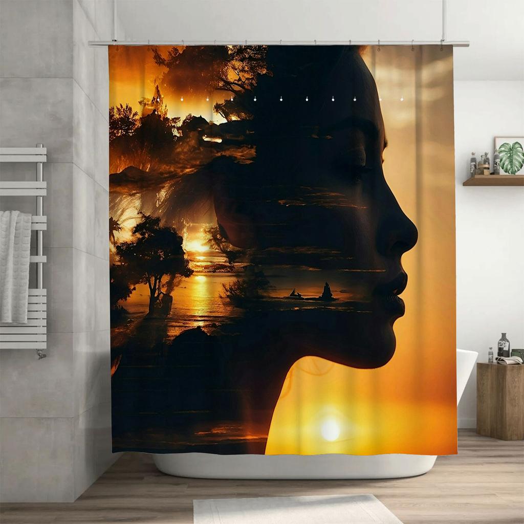 Surreal Face with Sunset Landscape Shower Curtain - Waterproof, Mildew-Resistant, Machine Washable Artistic Bathroom Decor