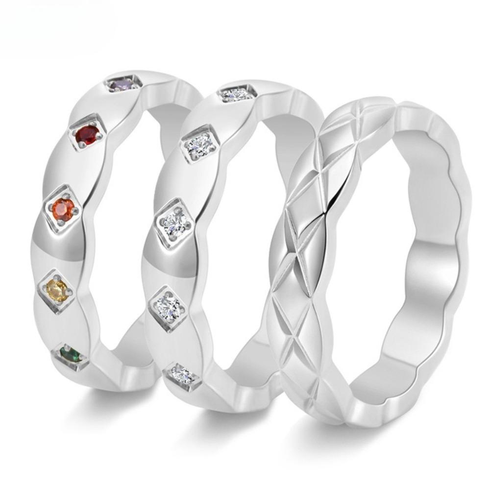 Titanium Steel Couple Rings Diamond Checkerboard Rainbow Color 18K Gold Jewelry