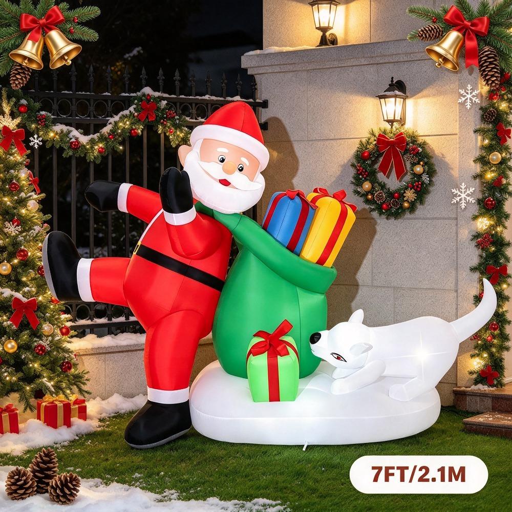 7FT/2.1M Inflatable Santa Claus Leaning on Gift Bag with White Dog, Outdoor Yard Decor