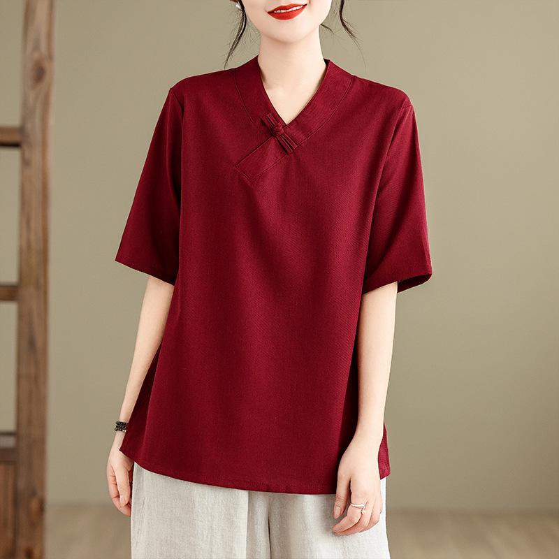 Vintage V-neck Cotton Linen Hanfu Top - Mid-sleeve Zen Tea Ceremony Shirt