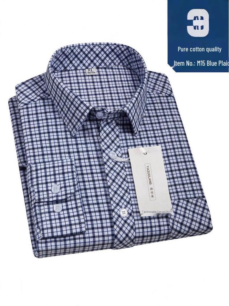 Men's Loose-Fit Plaid Cotton Shirt - Spring/Autumn Breathable, Iron-Free, Mid-Age Casual Wear