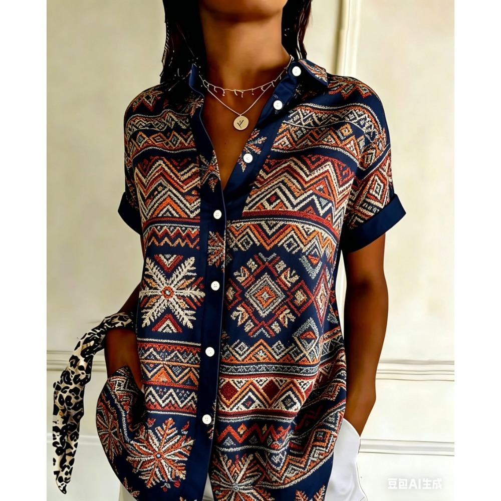 Women's Retro Geometric Striped Printed Button Short Sleeved Shirt with a Lapel Top, Summer Casual Short Sleeved Shirt