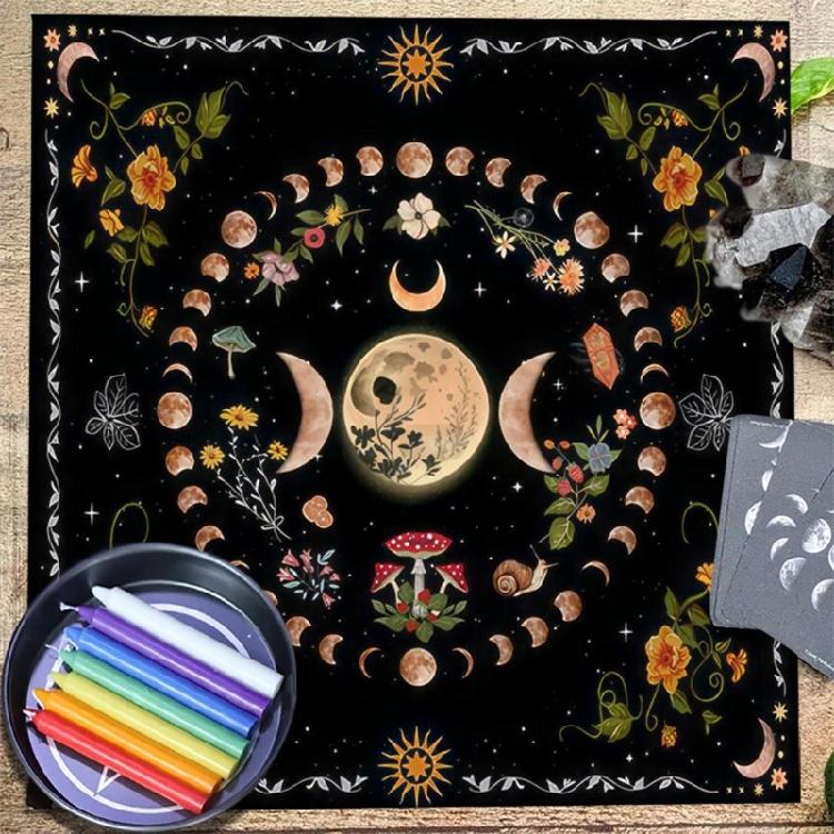 Divinations Tablecloth Moonphases Flower Pattern Tarot Tablecloth Altars Cloth