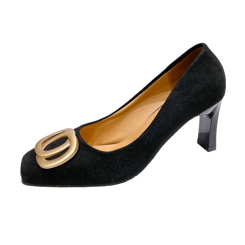 Damenschuhe mit eckiger Spitze 2024 neue Stiletto-High Heels für alle vier Jahreszeiten, schlichte flache Öffnung, dekorative Schuhe mit goldener Schnalle, Mikrofaser-Mode wom