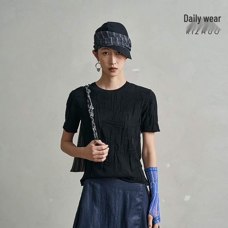 Rizhuo Chic Slim Fit Textured Knit Short Sleeve T-Shirt L