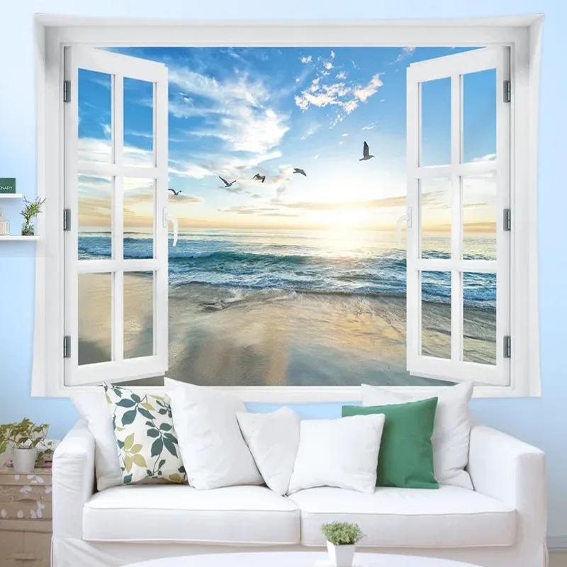 

Фон из окна с видом на море, тканевый гобелен для спальни, гостиной, гобелен для украшения дома, стены, гобелен 150x130cm