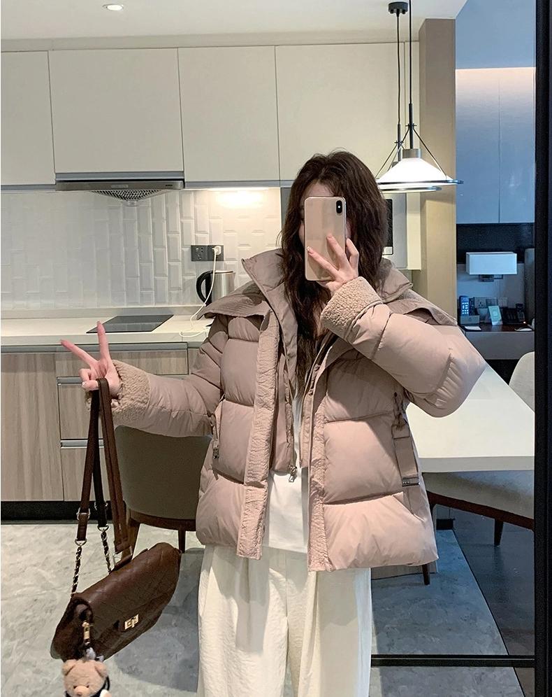 Short Lamb Wool Lapel Padded Jacket with Belt